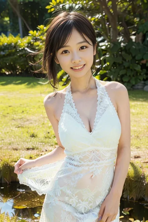 (8k, RAW photo, photorealistic, HQ, masterpiece, Brightly exposed photo), (Very elegant and beautiful, Perfect detail, Super detailed), a cute Japanese woman, (glowing eyes), 
(shy smile), dark brown hair,  (elegant white lace tight maxi dress, halter neck...