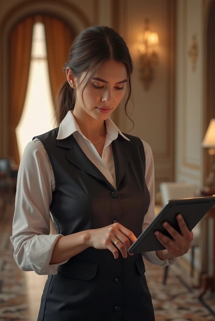 A hotel staff member looking relaxed, with a Superbutler-powered tablet in hand, responding to guest requests effortlessly.