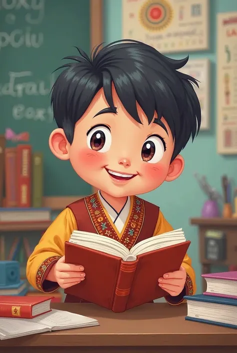 : Draw a cartoon boy in traditional Kazakh clothes with a textbook or at school