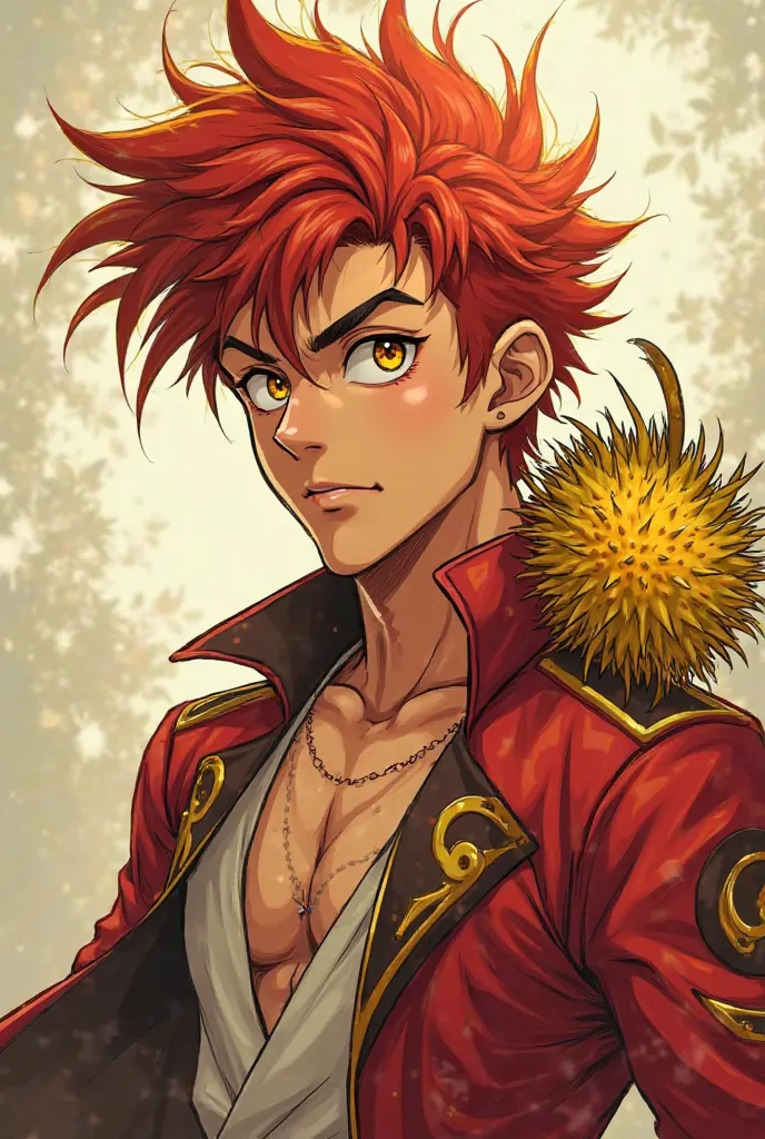 a rambutan cartoon male character :
- Hair:Wild, spiky, and messy red hair with yellow-green highlights, mimicking the rambutan’s hairy shell.  
-Eyes:Golden or amber-colored, reflecting the fruit’s warm tones.  
-Skin Tone:Light but with a slight golden g...