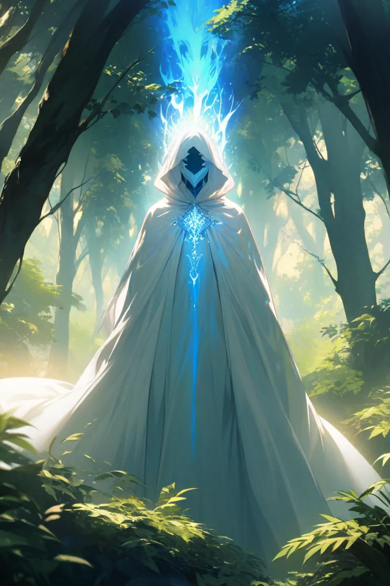 , 1 man ,Full Face Mask,Black and white magic cloak,Sky Blue Aura,Full body,Forest,daytime