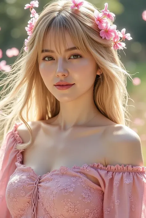 upper body,  Godley, Raise the Shining Seiken Excalibur,,  Petals Dancing in the Wind  , blond hair, kind smile, floating hair, Head wreath, Pink tones, textured skin, advanced details, Super Detail,  plump breasts、