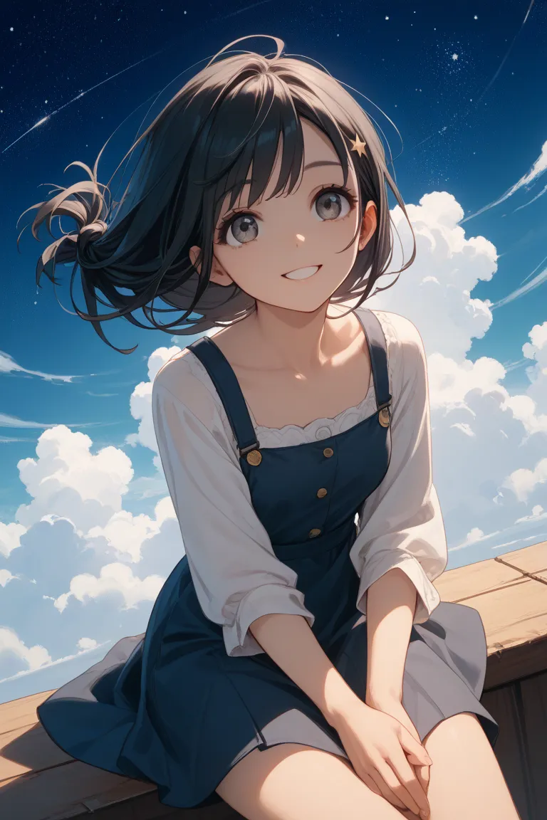 high image quality、Hi-Res、 1girl 、starry sky、Woman sitting and looking up at the sky:2、Strong winds:2、 Smile、Thick arms、 hypo、long black hair、Hair Touched by Wind、angle from above:3、cowboy shot、Put your hands on your lower back:1.5