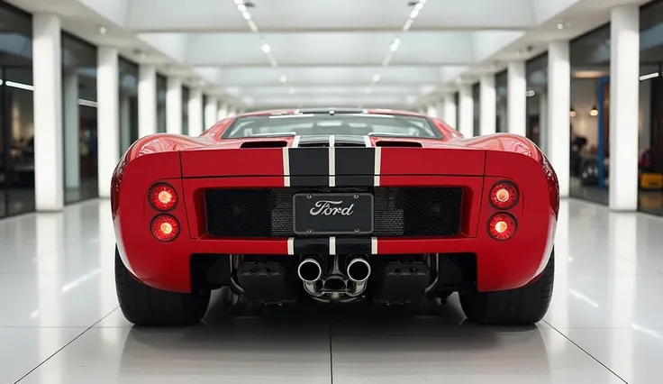 Back face view of painted with Shiny cherry red color rules 1965  ford GT40  in large shape car in large size with ford GT40 1965  logo on its large detail grill in Shiny cherry red colour with angular sporty design captured from close back with view with ...