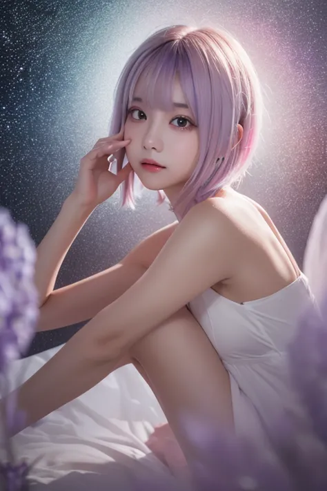 ((Masterpiece, best quality )),(Negative Space :1.4),( 1 girl, Alone:1.4),  beautiful eyes in every detail  , Floating Pastel Pink and Lavender Hair,  lavender eyes , At night, Starry Sky, Shining Star