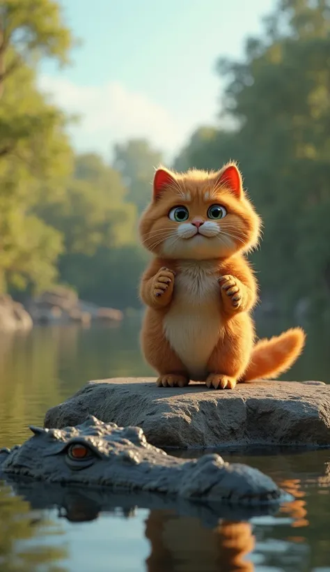 "A highly detailed, ultra-realistic 3D render of a fluffy, chubby orange cat standing on a small rocky platform near a riverbank. The cat has large, expressive eyes, a round face, and thick, soft fur. It raises both front paws slightly, appearing surprised...