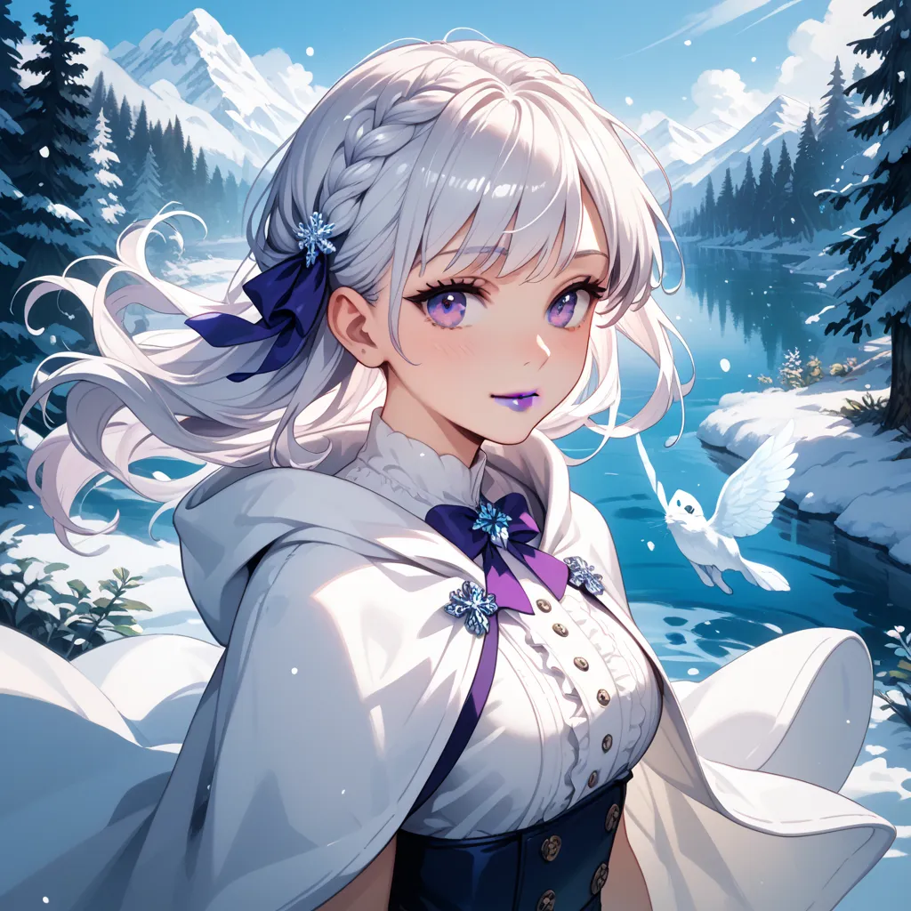 A close-up of an adult woman with short silky white hair, next to a sparkling frozen lake in a snowing winter forest, wearing a white sweetheart dress with short split sleeves, a long white cloak linked over her shoulders and a hood over her head. Sightles...