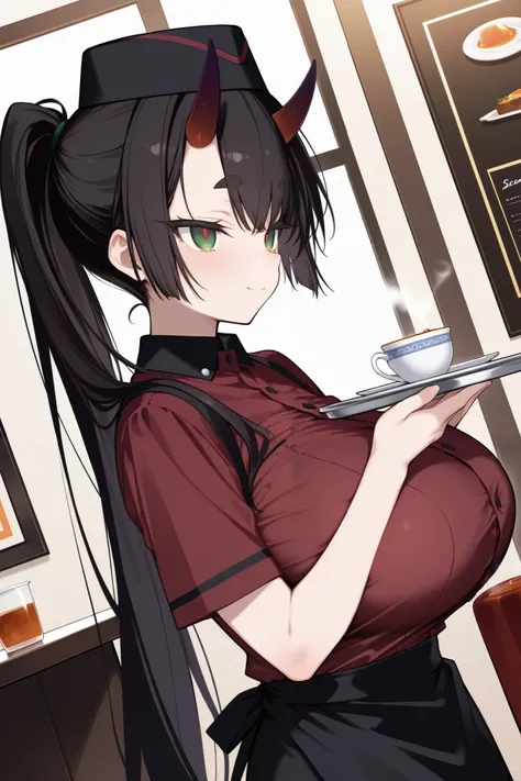 score_9, score_8_up, score_7_up, restaurant, dutch angle, from side, (solo, 1girl, black hair, green eyes, very long ponytail, dark red horn, Purple-tipped horn, horn on forehead), huge breast, (waiter, drinking tea, waiter hat), hands up, standing, cute f...