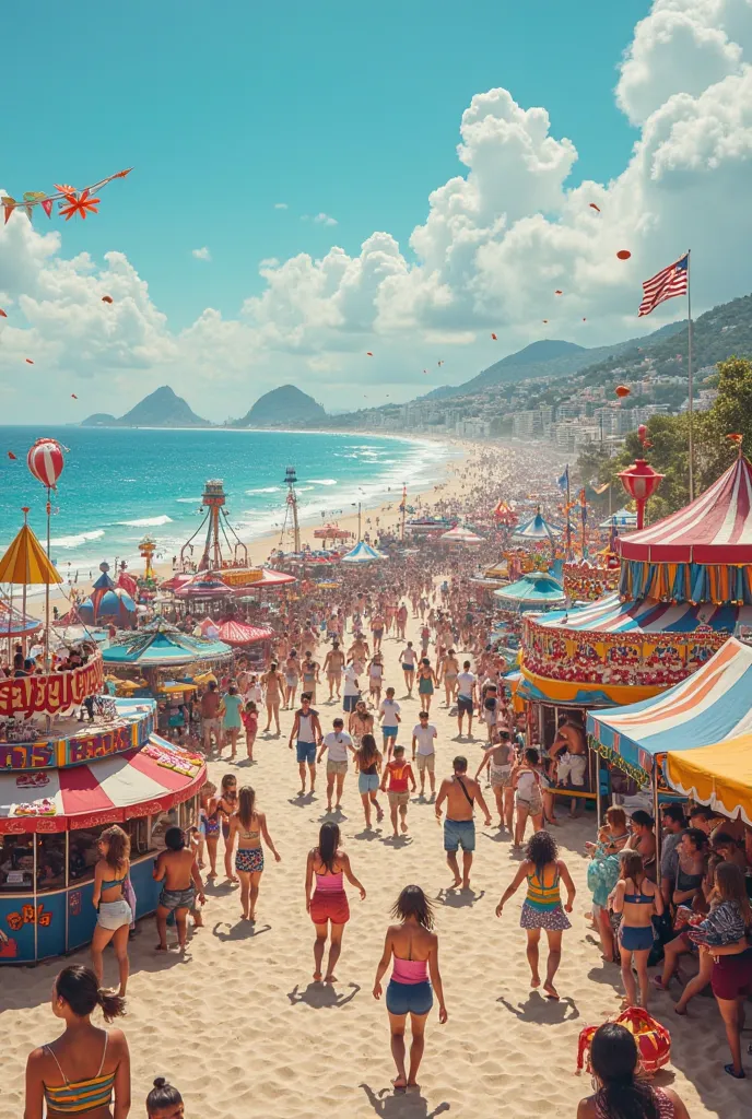 The beach with tourists playing carnival , video with many colors that will impact the person watching the video