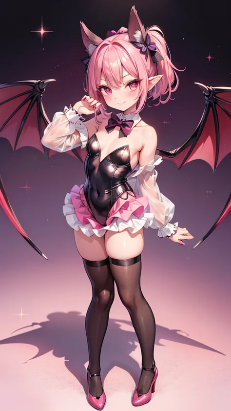 (masterpiece, best quality, ultra-detailed), succubus child, characteristic, playful & sweet, hair color, candy pink, hairstyle, m-shaped bangs, twin ponytail, hair length, short hair, eyes color, ruby red, eyes type, round eyes, ears type, fruit bat ears,...