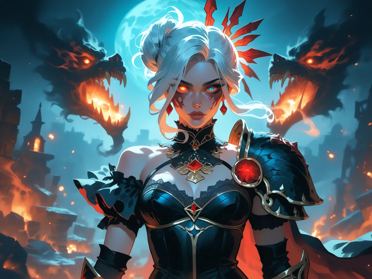 She stands amidst the smoldering ruins of a battlefield, their long silver-white hair partially tied up in a half-bun, the loose strands cascading down their shoulders, glowing faintly against the dark, smoky mist that swirls around them. Their sharp, stee...