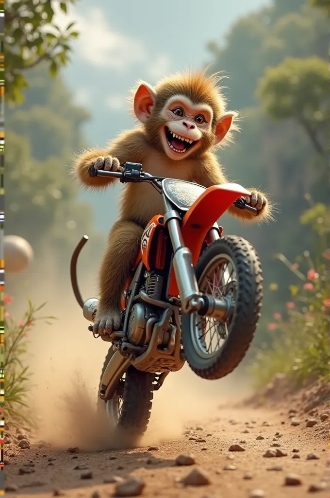 A mischievous monkey doing a wheelie on a dirt bike, with a big grin on its face.