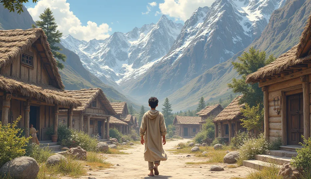 From the back, a cute young man is seen walking in a beautiful village between the mountains heading to the house of the village sheikh