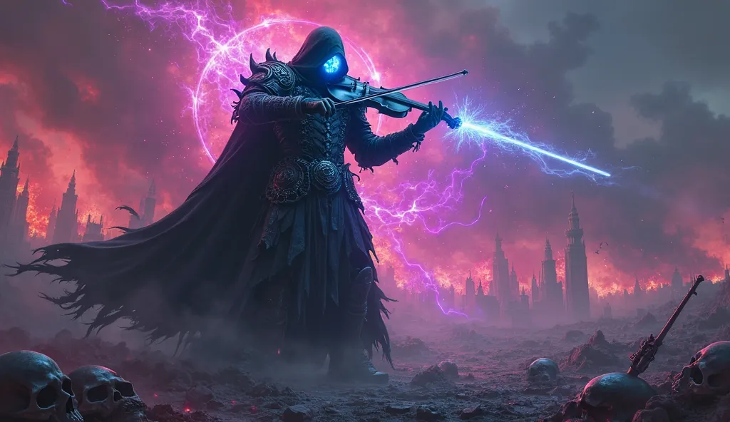 A ghostly warrior wearing dark armor and Gothic reliefs plays a cursed violin in the middle of a devastated battlefield. His eyes shine with electric blue fire as waves of spectral energy emerge from his violin, tearing up the reality around him. The floor...