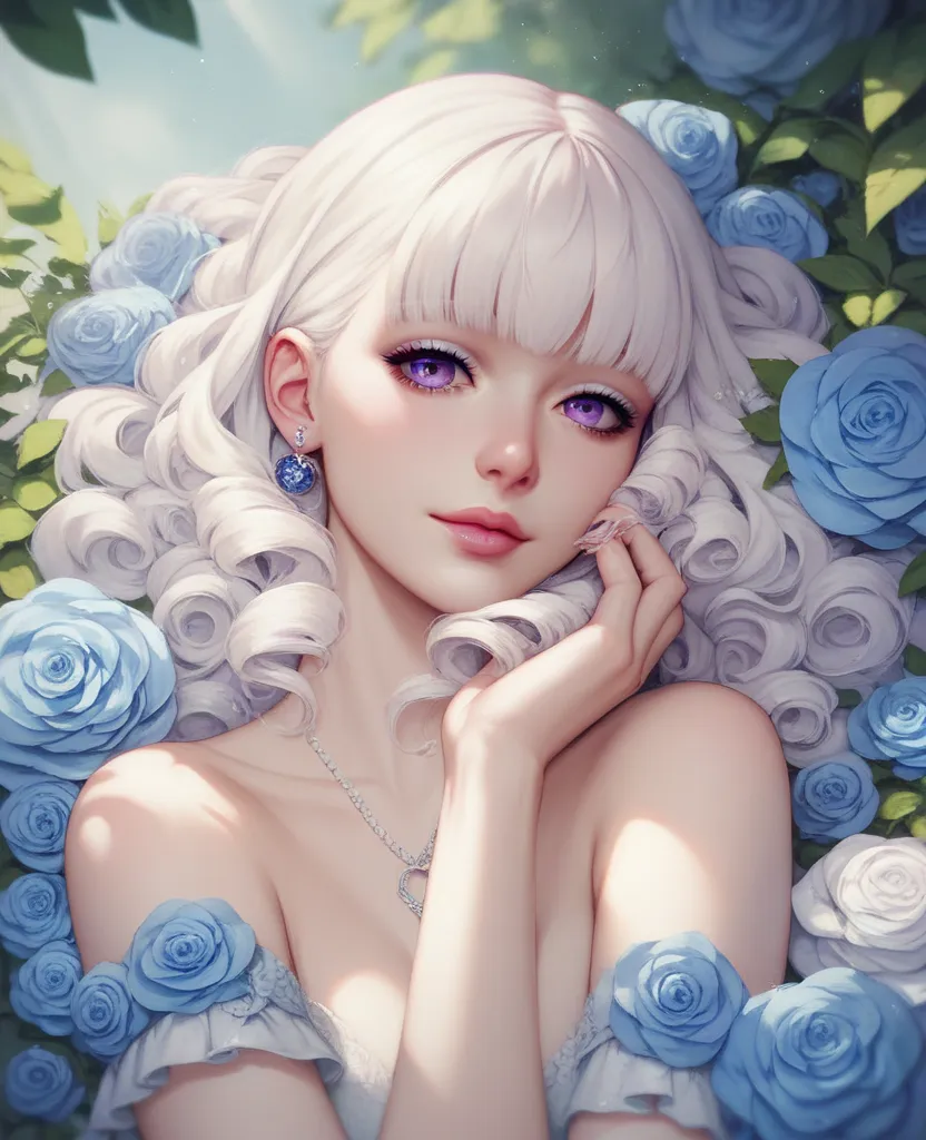 Albino Girl, beautiful innocent, art, soft blue aesthetics, purple eyes,  beauty , tender, satoru gojo