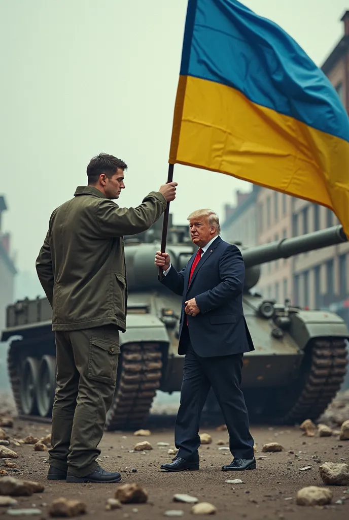 Zelensky hits Trump with a tank while he has the Ukrainian flag in his hand,