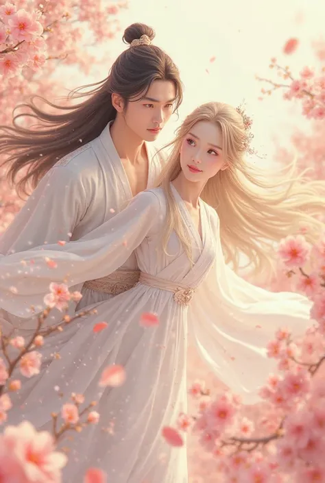 Ancient Chinese comic book style, a handsome man with long hair in a white robe and a beautiful woman in a long white dress and long beige hair. Woman has brown eyes, delicate face, flying over a peach forest, peach blossom petals fluttering in the wind, c...