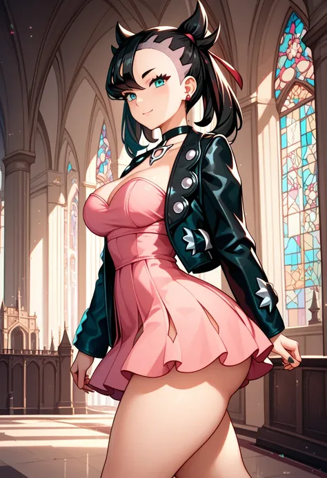 1girl, large breasts, small waist, wide hips, thick thighs, huge ass, bubblebutt, marnie, aqua eyes, black choker, red ribbon, pink dress, short dress, jewelry, black jacket, open clothes, long sleeves, strapless dress, smiling, cowboy shot, walking, indoo...