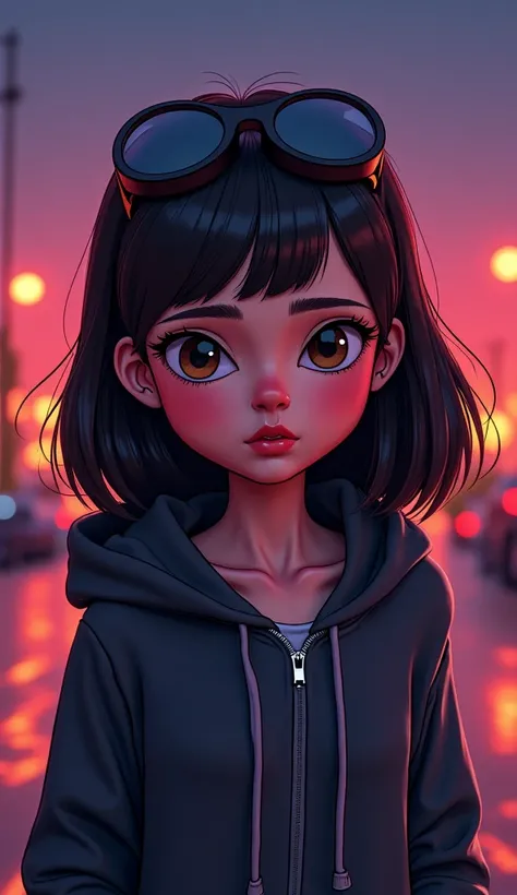 Woman with dark hair and brown eyes、 expressionless、Wear a hoodie
Street style、night、
warm neon
cartoon/3D Animation