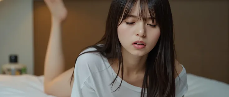 (((((One girl in her twenties:2、Baby Face))))),(masterpiece,Best Quality:1.9),8k, detailed,detailed毛穴,reality, hotel room、close my eyes hard、I'm nervous、((( T-shirt with loose collar:2.2)))、long hair、 flushed skin、 sigh、 warping up your body