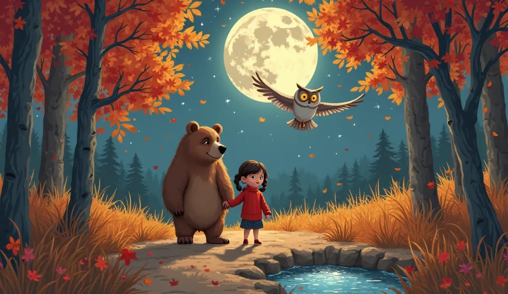 A peaceful, dreamy illustration of an Appalachian forest path under autumn moonlight, 2025, for a bedtime story titled 'Whispers Under the Starlit Forest.' In the foreground, Lily, , with pigtails, wearing a red sweater, walks hand-in-hand with Max, a big-...