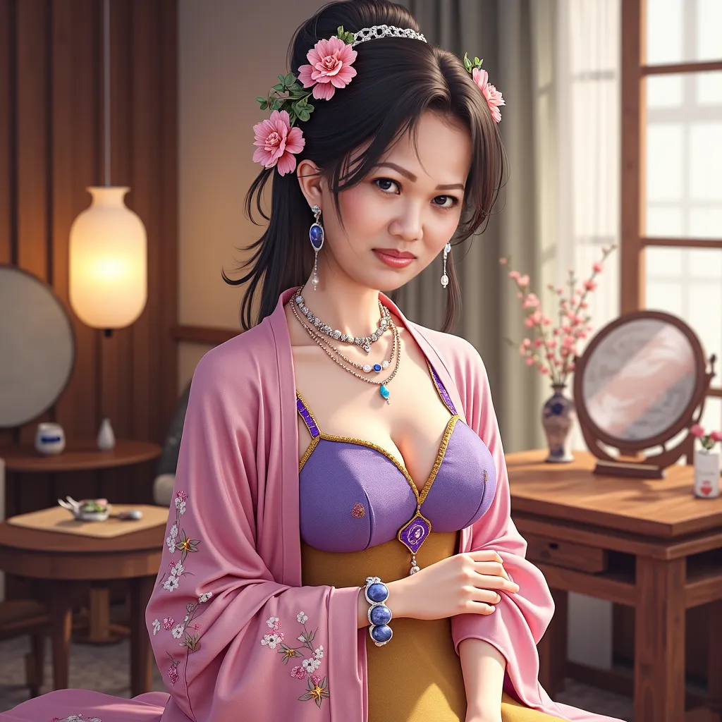 Indoor Chinese style bedroom，Wooden dressing table、Seats，Hiking bed，Bedroom with lantern，Round table with flowers。A neat checkered end sits next to a wooden dressing table，Gentle eye shadow，Petite lip corner。Comb head，Pink flower ornament、Gold and pearl em...