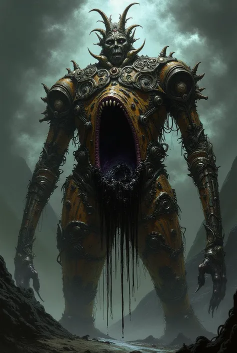 The Devil's Jester, A terribly huge、mechanical arlechin wearing an ominous mask opens from the abdomen, wears a black liquid on the body and exposes a hungry mouth. 