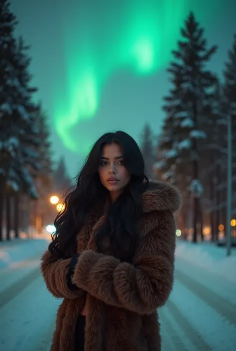 A cozy winter scene featuring a sexy latina long volume dark hair, wrapped in a luxurious dark brown fur coat, standing on a snow-covered road. The backdrop showcases the mesmerizing Northern Lights illuminating the night sky with vibrant greens. exuding w...