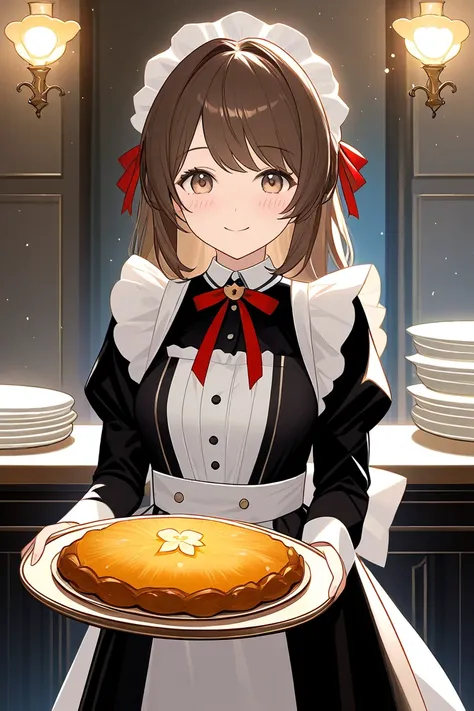 1woman, in maid outfit, chestnut hair: medium by height, cute ribbon on her head.... holding a tray of food with smile, blushing))