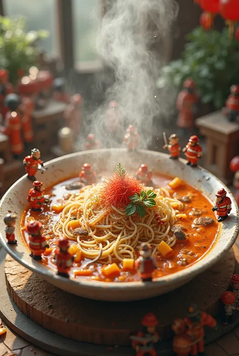 A plate of lamen soup, noodle, Full of characters surrounding mini firefighters and mini workers.