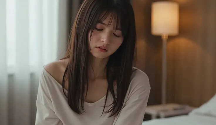 (((((One girl in her twenties:2、Baby Face))))),(masterpiece,Best Quality:1.9),8k, detailed,detailed毛穴,reality, hotel room、close my eyes hard、I'm nervous、((( T-shirt with loose collar:2.2)))、long hair、 flushed skin、 sigh、 warping up your body