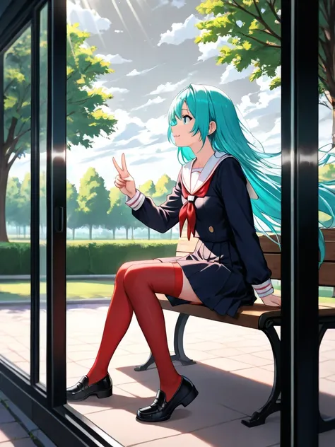  Precise,  retina, anime, Desde atrás, border, foreground, visor,  luminous , from outside, three side view, Plano de asientos, depth of field,  Lines of exploration , Chiaroscuro,  rays of God , anime, miku,  peace sign, sitting on a bench, Park, trees,  ...