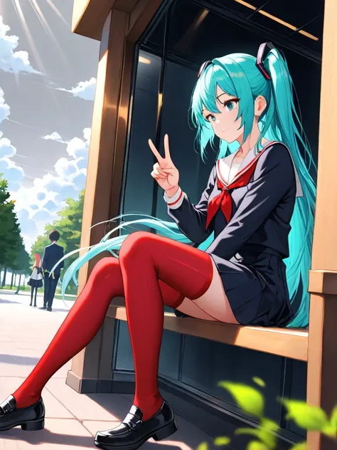  Precise,  retina, anime, Desde atrás, border, foreground, visor,  luminous , from outside, three side view, Plano de asientos, depth of field,  Lines of exploration , Chiaroscuro,  rays of God , anime, miku,  peace sign, sitting on a bench, Park, trees,  ...