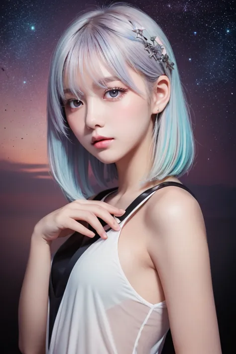 ((Masterpiece, best quality )),(Negative Space :1.4),( 1 girl, Alone:1.4),  beautiful eyes in every detail  , Floating Pastel Pink and Lavender Hair,  lavender eyes , At night, Starry Sky, Shining Star