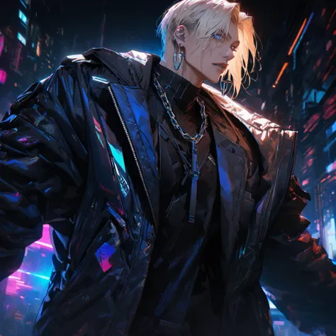 *“Masterpiece, ultra-high-definition, highly detailed, beautiful, anime-style illustration. A tall, slender yet muscular young man with a stylish cyberpunk aesthetic. He has short platinum blonde hair, striking large double-lidded eyes with vibrant blue ir...