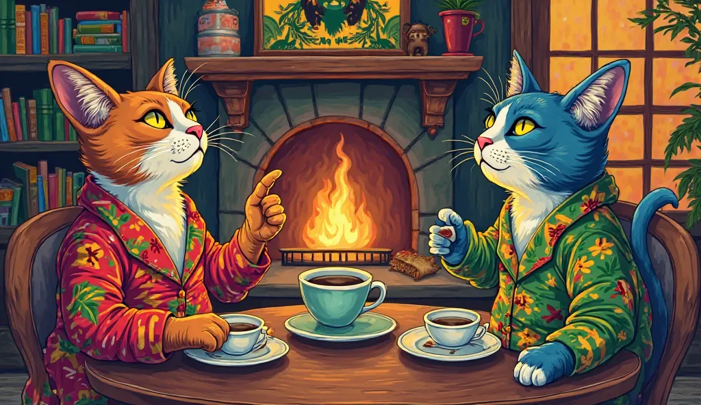 Cats in pajamas with Jamaican symbols drink coffee in the library,  on the wall is a poster by Bob Marley, in the fireplace, the fire ,  pop art style 