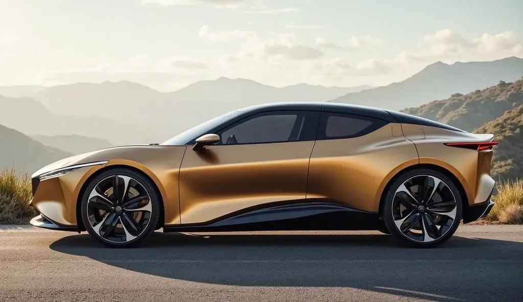 "A crisp, ultra-realistic side profile shot of the 2025 Nissan Ariya in light golden, parked on a scenic road. The EV’s flowing body lines and high ground clearance are emphasized. The aerodynamic side mirrors feature built-in cameras, and the flush door h...