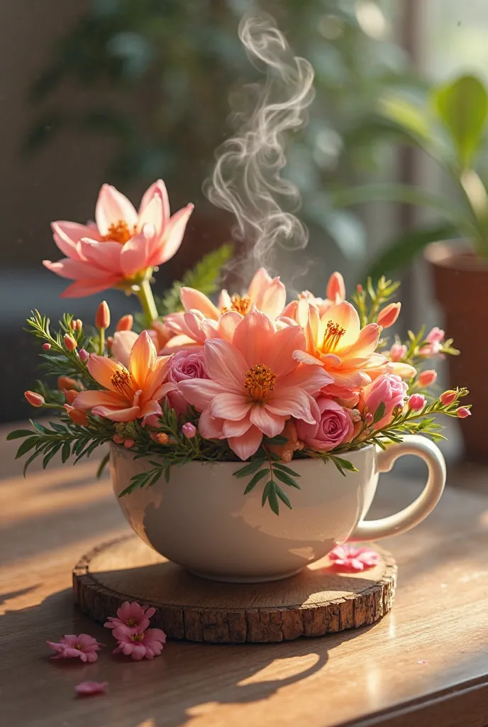 Flowers in a coaster with coffee