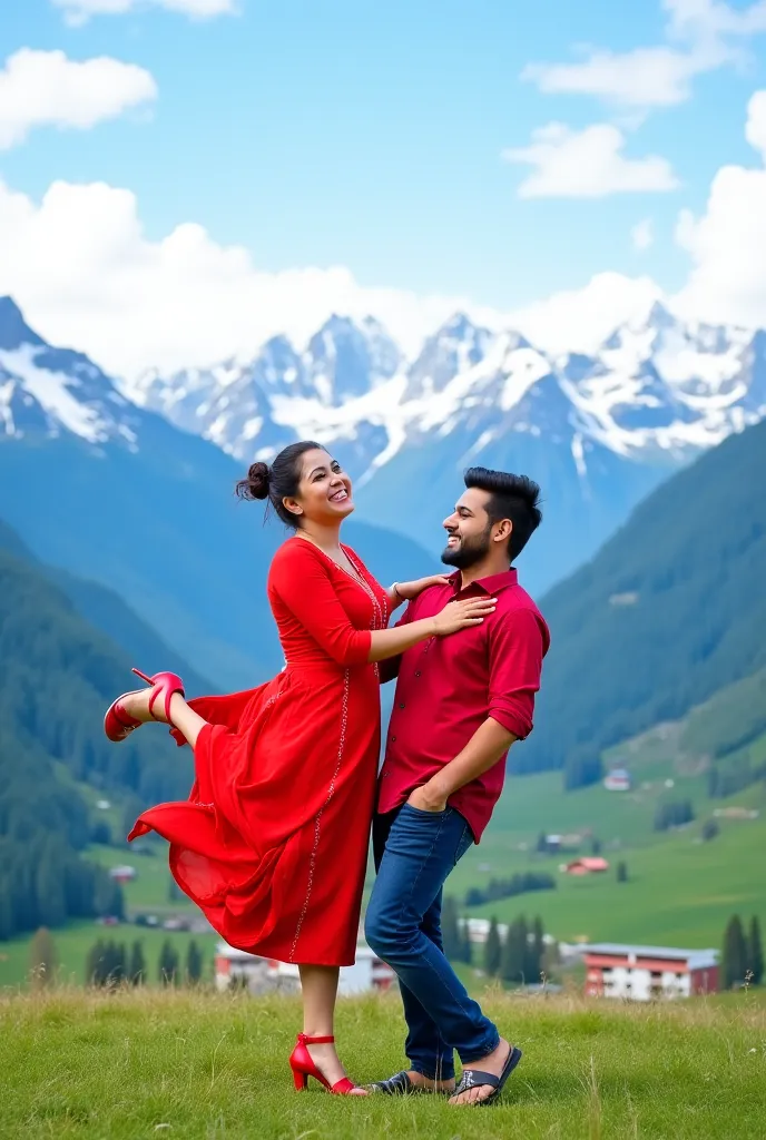 "A cheerful woman in a red traditional dress lifts her leg playfully, laughing, while a man in a red shirt and jeans falls back with a smile. The background features majestic snow-capped mountains, green valleys, and a fresh, cool breeze. The sky is blue w...