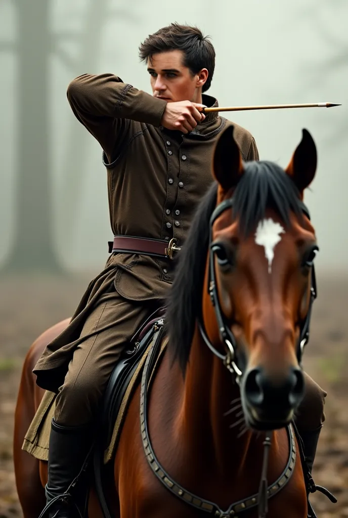 I want this man on top of the horse pointing his bow and arrow somewhere in medieval clothes, preserve the hair on his face, however change his ears and eyes, I want more psychopathic eyes and round ears.