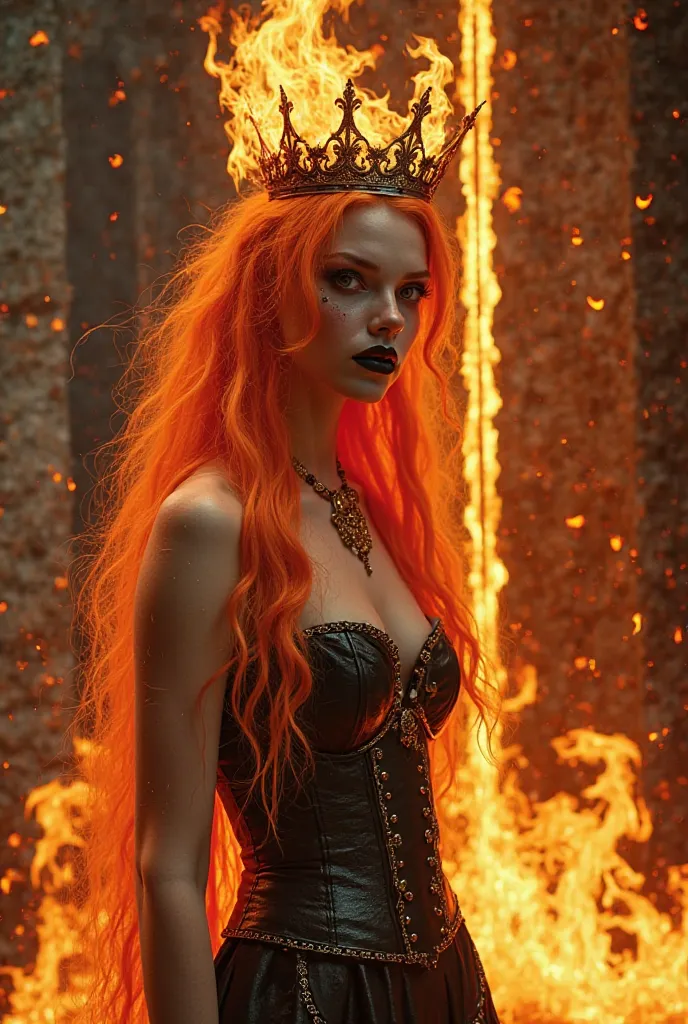 Close up Portrait of a Stuningly Beautiful Fire-Queen , All her Body in Flames , Ghotic make up, Pale Skin  ,  Black Corset ,Her Perfect Very Long All  Hair in Flames , Pale Face , Vibrant Black  Lips ,  Holdig a Fire Glowing Hot Sword  Up ,and Stuning Cro...