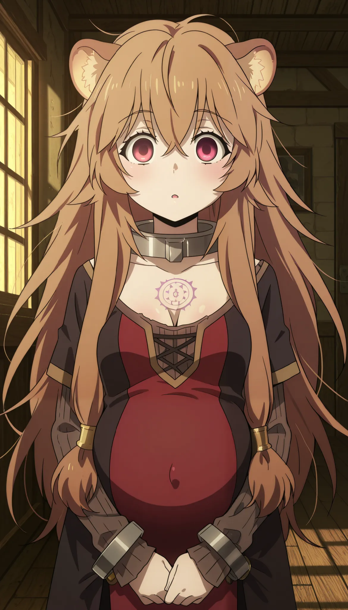 masterpiece, best quality, cinematic lighting, amazing quality, very aesthetic, absurdres, best quality, 4k, upscale, anime coloring, source_anime, anime screencap,
Pregnant, nuf4
raphtalia-slave,raphtalia,red eyes,brown hair,raccoon girl,long hair,sideloc...