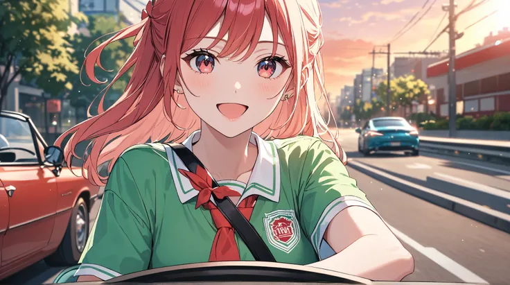 Japanese downtown in the 1970s、Crimson sunset sky、Japanese high school girl driving in the driver's seat of a green convertible、 behind the wheel 、I drive a convertible car at high speed and run on the highway、Front Front View Shot、the color of the hair is...