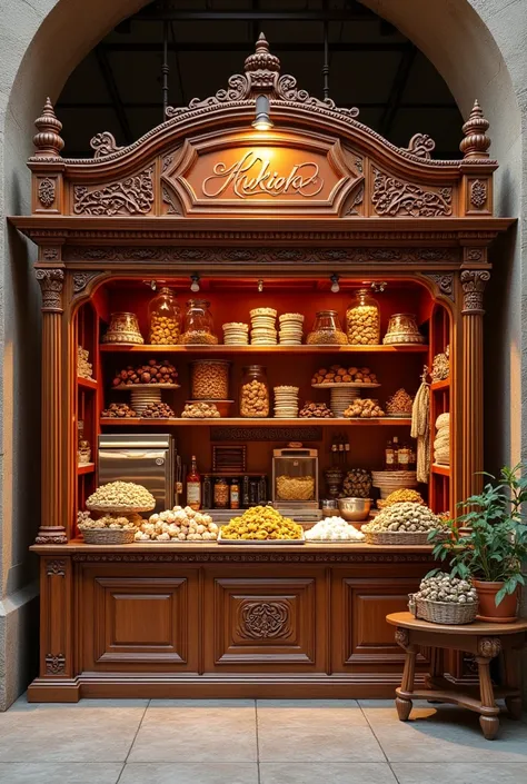 I want to design a kiosk selling 'bulk Turkish delight dried nuts' with a height of 150 cm without a ceiling. Design as interior architecture. have a kitchen