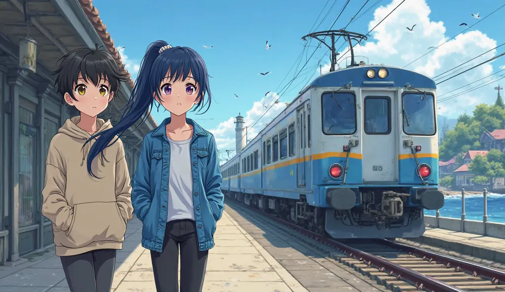 Aoi Takahashi, a 16-year-old girl with long, dark blue hair tied in a loose side ponytail, She wears jean jacket, white t-shirt and black jeans now going by Akari, steps off the train onto a quiet coastal town platform. her long, dark blue hair tied in a l...