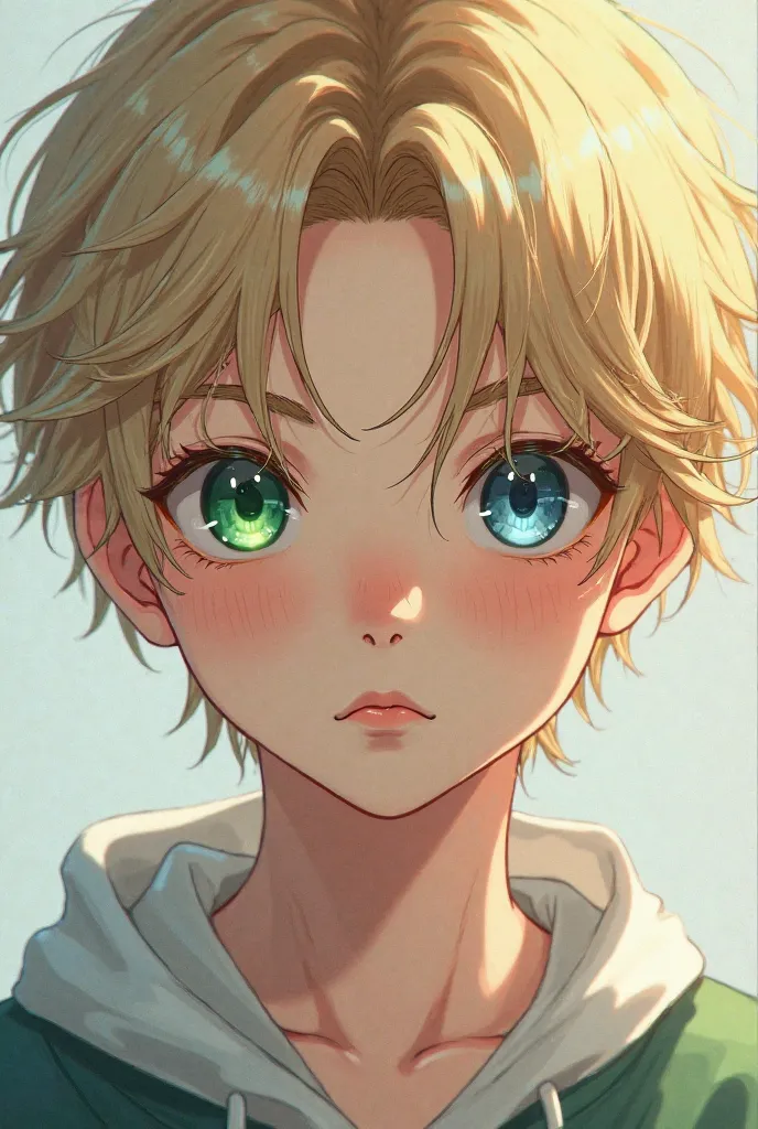 Give me an image of a blond boy with heterochromia, a green eye and a blue one in the Manhwa style 