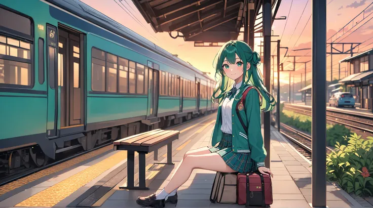 train station platform in a rural Japanese town in the 1970s、Crimson sunset sky、Japanese high school girl sitting on a train station platform bench and waiting for a train、in the background is a beautiful ocean and sunset sky、Front Front View Shot、the colo...