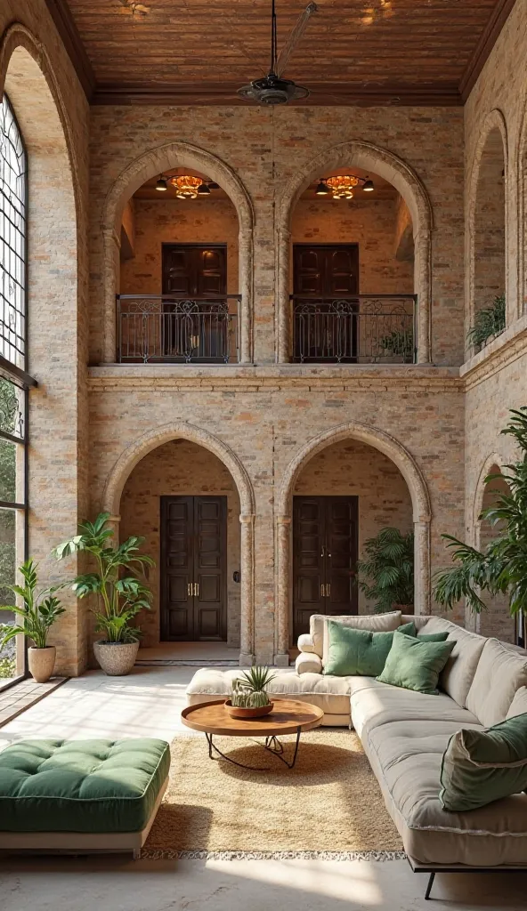 A house with a combination of authentic Iranian design and modern elements. The architecture features traditional brick walls combined with contemporary details. The living room features modern furniture with natural wood and a touch of green and cream in ...