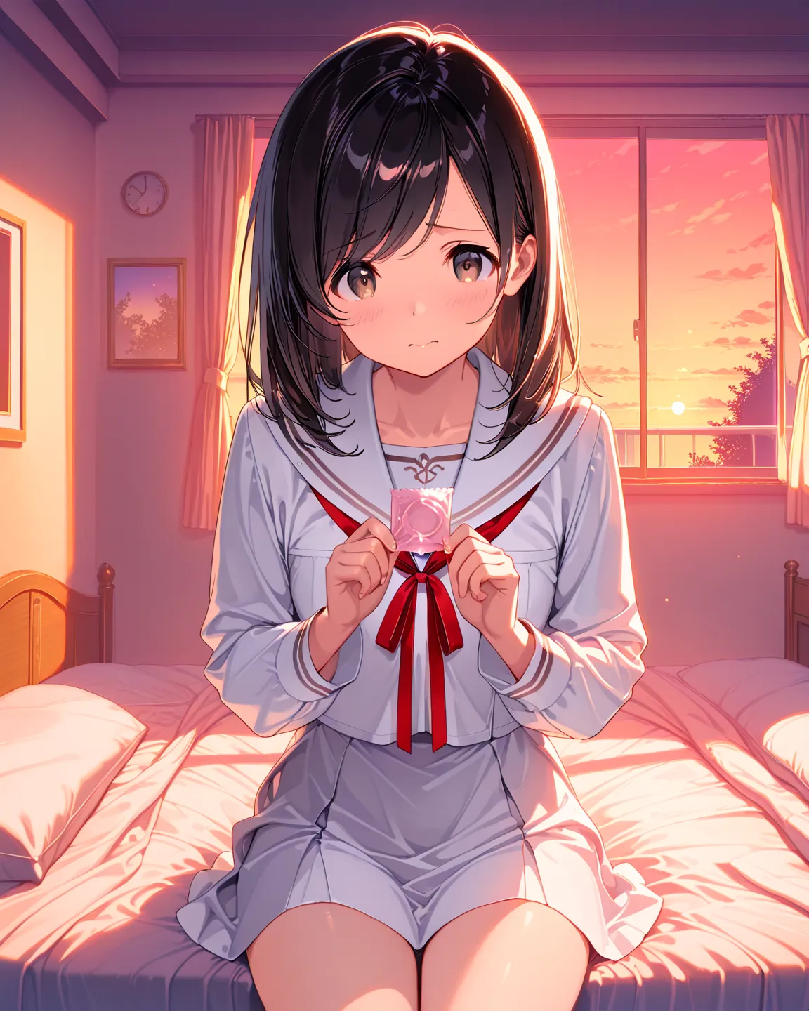 masterpiece, best quality, high quality, highres,

black hair, medium hair, swept bangs, tareme, Round face, cute face, furrowed brow,

white sailor uniform, long sleeves, red ribbon, (small breasts:0.3),

furrowed brow,

Girl's room, Sitting on the bed, E...