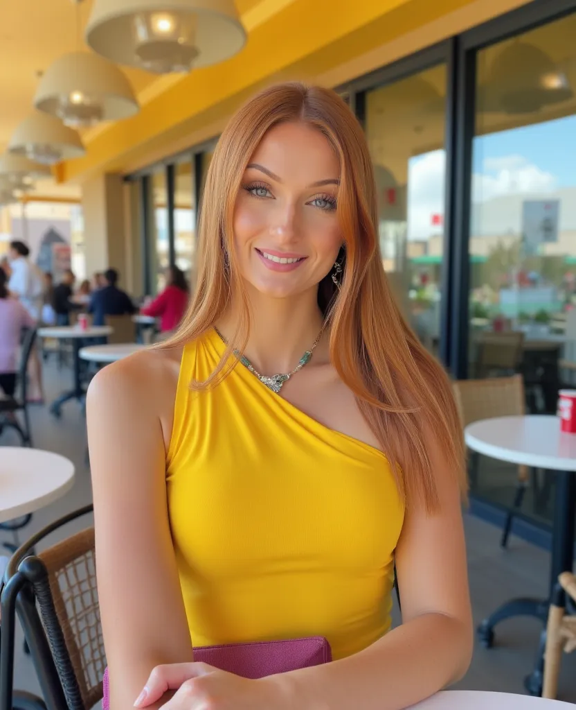 A closeup photo of a 20-year-old blonde french-american woman with a sexy and attractive appearance hourglass shape body Her hair is styled in straight longer length. The background is clear visible and in a mall rooftop cafe The lighting is bright, castin...